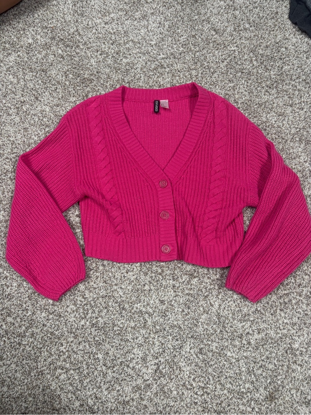 Divided Cropped Cable-Knit Cardigan - Bright Pink